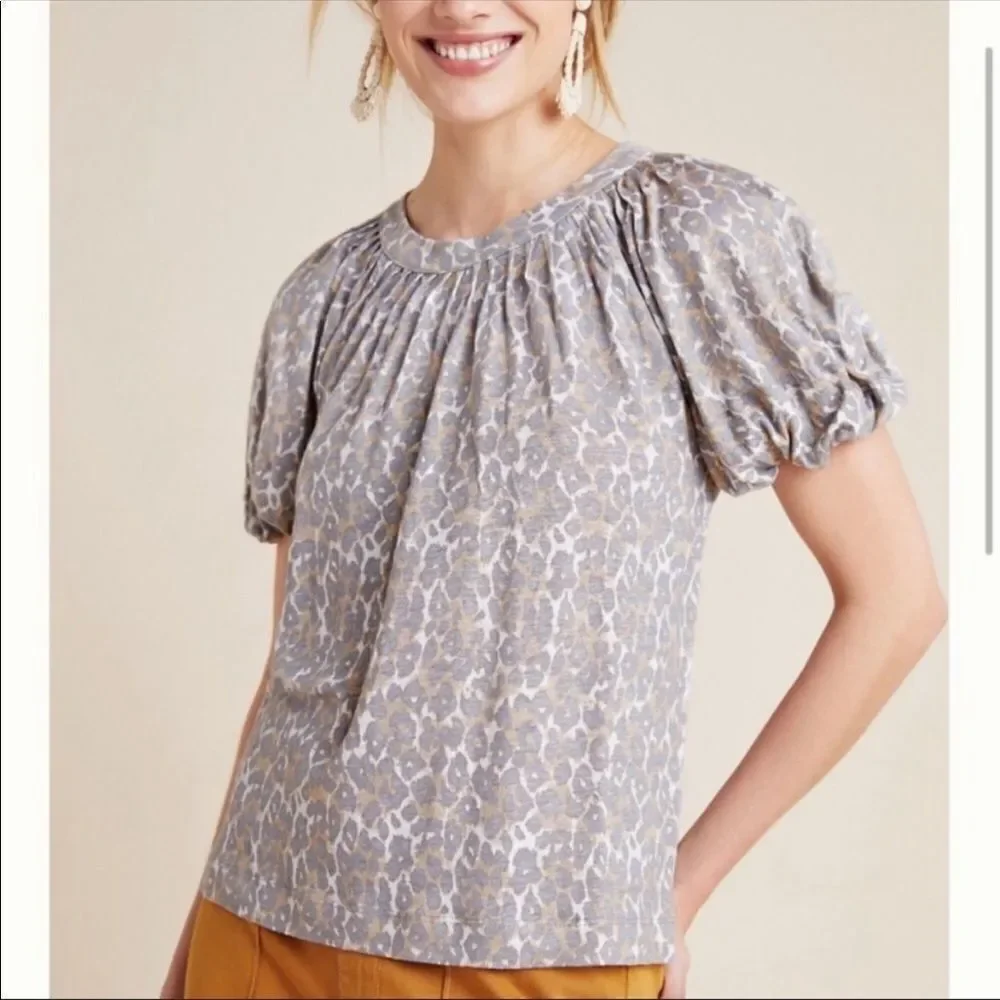 Anthropologie S Maeve Linen Puff Sleeve Leopard Top